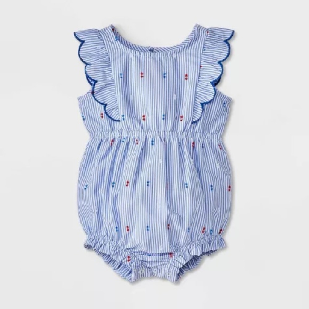 Cat & Jack Blue Striped Scalloped Star Romper | 0-3M
